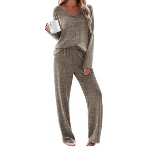 Ekouaer Womens Pajama Sets Button Up Long Sleeve Pjs Soft Lounge Set 2 Piece Sleepwear with Pockets
