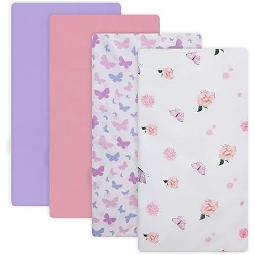 Crib Sheet for Boys and Girls, Super Soft Microfibre Crib Sheet Set, Breathable Cot Sheet, for Cot and Toddler Mattress, 130x70x20cm, Butterfly and Flower and Pink and Purple,4pcs
