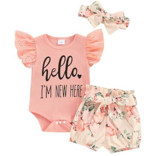 Newborn Baby Girls Outfits Shorts Set Fly Sleeve Romper with Waist Tie Flower Shorts and Hairband Summer Clothes Suit Newborn