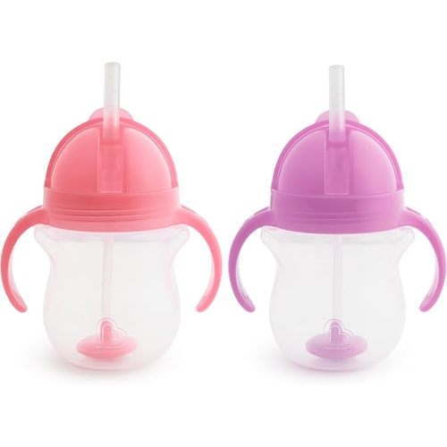 Munchkin Any Angle Sippy Cups for Toddlers, Spill Proof Weighted Straw Cup with Transition Handles for Babies 6 Months and Up, 7 Ounce, 2 Pack, Pink/Purple