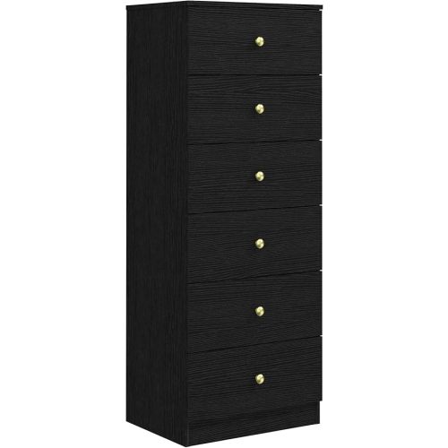 Modern 6 Drawer Vertical Dresser, Wood Tall Chest of Drawers N Arrow Storage Organizer with Wide Drawers & Metal Gold Handles for Bedroom, Living Room, Office, Hallway, Entryway (Black)
