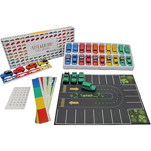 Line Up Sensory Toys Playset, 32-Piece Toy Vehicle Set w/Shapes, Colors and Counting