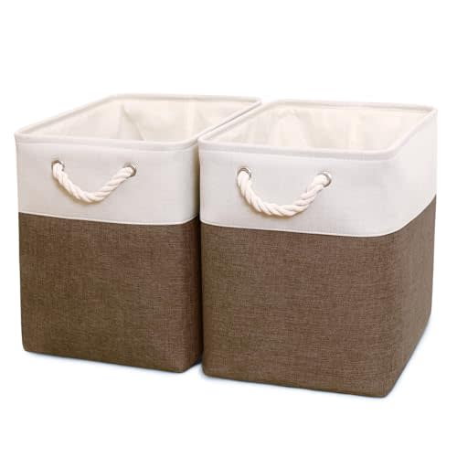 HOdo Home Fabric Storage Bin with Hard Bottom Base and 2 Bold Handles, Collapsible Large Canvas Storage Baskets for Organizing Shelf Nursery Home Closet (Brown&White, 17L×12W×15H - 2Pack)