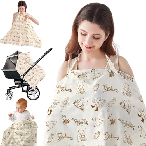 Nursing Cover for Breastfeeding, Nursing Apron,Breathable Breastfeeding Cotton Cover up with Arch Neckline for Women, Soft Car Seat Canopy,Pooh Bear New Mom Gifts(Pooh)
