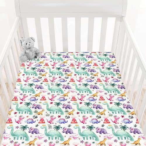 HawSkgFub Watercolor Pink Purple Dinosaur Fitted Standard Crib Sheet for Baby Girl, Tropical Dino Lover Toddler Mattress Cover, Soft Breathable Stretchy Nursery Bed Sheets Decor Kids Gift 52" x 28"
