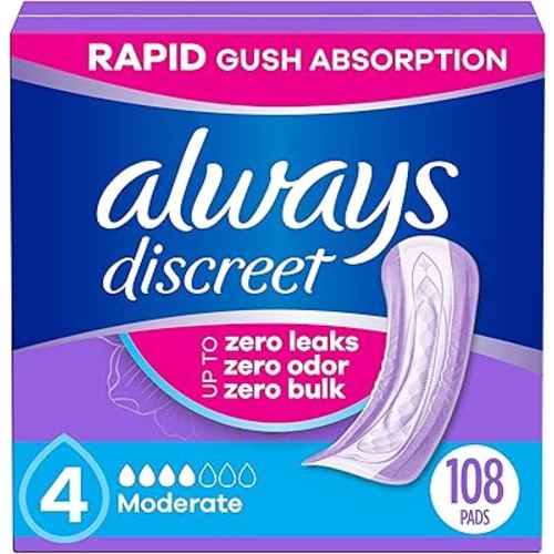 Always Discreet Adult Incontinence Pads for Women, Moderate Absorbency, Regular Length, Postpartum Pads, 108 Count (2 Packs of 54)
