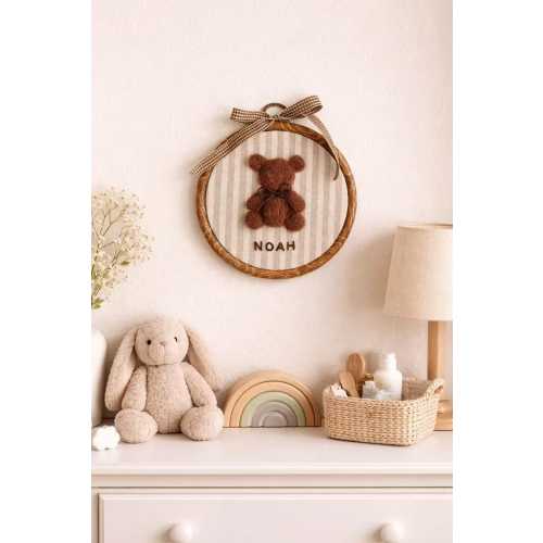 Needle Felted Teddy Bear Nursery Art – Personalized Name Embroidery, Baby Shower Gift