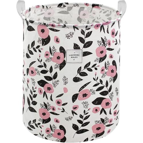 Mziart Cute Laundry Basket, Large Floral Laundry Hamper for Girls Kids Toys Collapsible Clothes Organizer Waterproof Foldable Baby Hamper for Nursery Dorm Fabric Storage Basket Bin with Handles (Pink)