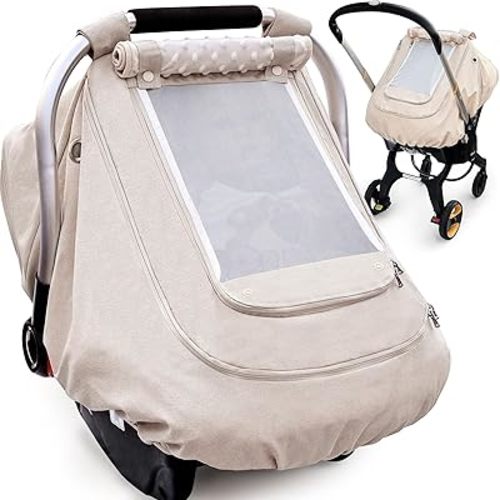 Waterproof Baby Car Seat Cover,YVMVDV Patented Cold Weather Carseat Cover for Babies,Infant Car Seat Cover Canopy for Boy Girls, Keeps Babies Warm and Cozy (Beige)