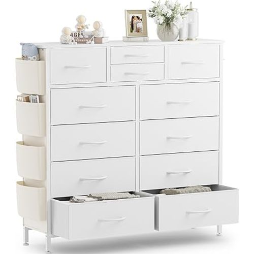 White Dresser for Bedroom, 12 Drawers with Side Pockets & Hooks, Chest of Drawers, Bedroom Dresser Storage Organizer for Hallway, Entryway