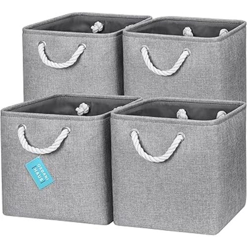 OrganiHaus 11x11 Cube Storage Bins Set of 4 | Fabric Cube Baskets for Storage Shelves | Foldable Storage Cubes for Kallax Organizer Cube Bins w Rope Handles | Cubby Bins for Nursery Decor - Grey