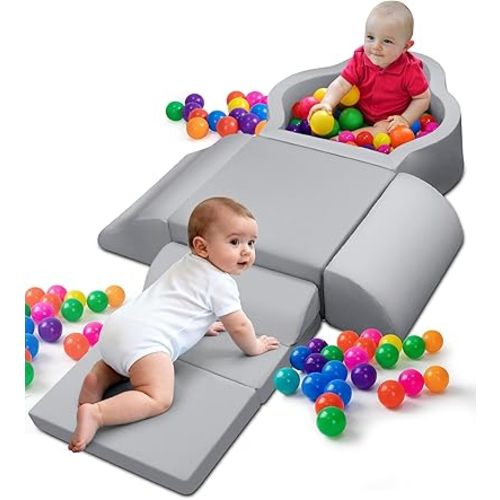 Soft Play Set, Baby Foam Climbing Blocks with Anti-Slip Particles Bottom & Velcro Connectors for Toddlers 6-12 Months, High-Density Foam & Washable Cover for Motor Skills Development (Grey)