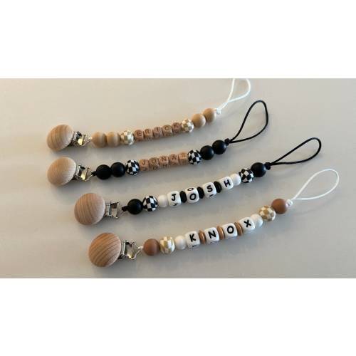 Checkered Flag Personalized Custom Pacifier Clip | Custom Baby Name | Personalized Baby Gift | Baby Shower | Newborn Gift | Tan Checkered