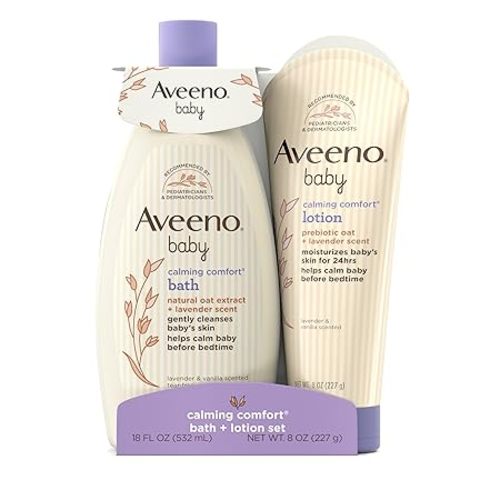 Aveeno Baby Calming Comfort Bath & Lotion Set, Nighttime Baby Skin Care Products with Natural Oat, Lavender & Vanilla Scents, Paraben-, Phthalate- & Phenoxyethanol-Free, 2 Items