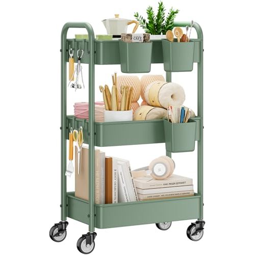 YASONIC 3-Tier Rolling Cart, Green, 66 Pounds Capacity, Mesh Storage Organizer with Lockable Wheels, 3 Hanging Cups, 4 Hooks, Easy Assembly, for Kitchen, Bathroom, Laundry, Grocery