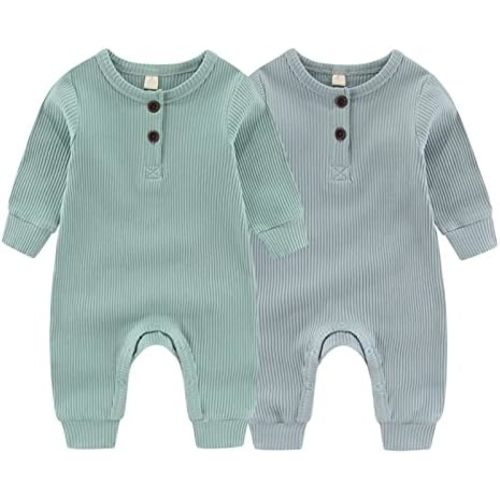 ZAV Solid Unisex Baby Boy Girl Rompers 2 Pack Long Sleeve Jumpsuits Infants Clothes Outfits