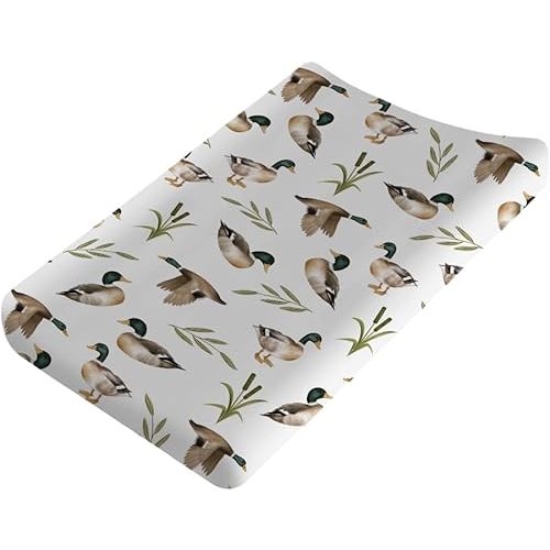 Vintage Mallard Duck Leaves Changing Pad Covers Duck Hunting Reeds Diaper Changing Pad Covers Sheets for Girl Boy Wild Duck Soft Breathable Stretch Fitted Change Table Pad Mats Covers 32''x16''