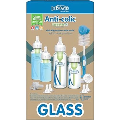 Dr. Brown's Anti-Colic Options+ Narrow Glass Baby Bottle Starter Set with Silicone Bottle Sleeves, Levels 1, 2, and 3 Nipples, Soft Touch Cleaning Brush, Storage/Travel Caps, and HappyPaci
