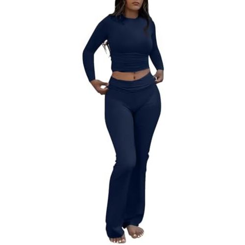 AYWA Women's 2 Piece Outfits Foldover Flare Pants Long Sleeve Crew Neck T-shirt Fitted Pajama Sets