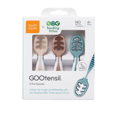 NumNum Baby Spoons Set, Feeding Littles x Silicone Pre-Spoon GOOtensils for Baby Led Weaning, Self-Feeding & Teething, First Stage Toddler Utensils for Ages 6+ Months, 3-Pack, BPA-Free (Neutrals)