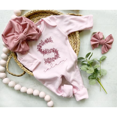 Personalized pink floral baby romper, Custom coming home outfit, fold over footies, baby shower gift, hospital outfit,