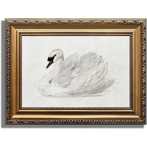 ASTRDECOR Vintage Gold Framed Wall Art for Bedroom Decor, Swan Canvas Art Prints, White Zwaan Oil Painting for Living Room, Classical Animal Art for Bedroom Bathroom Wall Decor - 12" x 16"