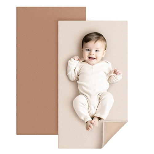 Konssy Faux Leather Baby Changing Mat, Waterproof, Wipeable & Portable Diaper Changing Pad for Travel or Home, Fits Perfectly in Diaper Bag, 30 x 17 inches (Brown,Beige)