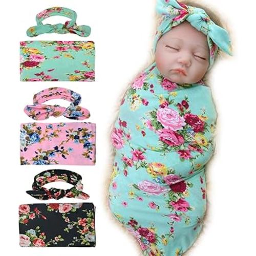DRESHOW BQUBO 3 Sets Receiving Blanket with Headbands Newborn Baby Floral Printed Baby Shower Swaddle Gift
