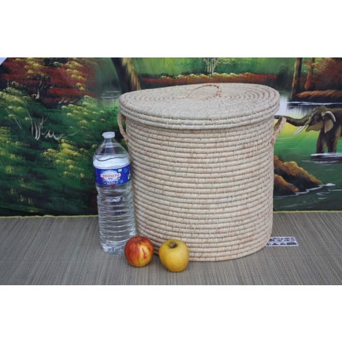 Round laundry basket - HAND BRAIDED in RAFFIA - Basket with lid - rattan straw wicker - GRAND/BIG Size