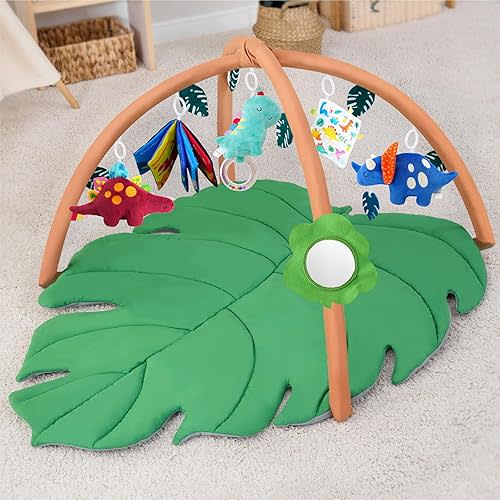 Baby Gyms & Playmats, 48x42″ Large Space Leaf Shaped Baby Play Mat Activity Gym, Soft 1.2″ Thick Tummy Time Mat with 6 Detachable Dinosaur Sensory Toys for Fine Motor Skills, Newborn Essentials Gift