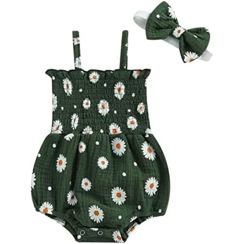 Newborn Baby Girl Summer Bodysuit Daisy Print One Piece Ruffle Strap Romper Jumpsuit Cotton Playsuit with Headband