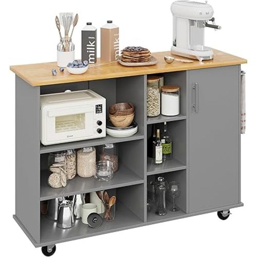 Shintenchi 47”W Kitchen Storage Island Cart with 6 Open Shelves and 1 Cabinet, Portable Trolley Cart with Wood Work Top and Handle/Towel Rack, Gray