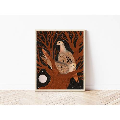 Mourning Doves and Moon Folk Art Nature Print - Boho Bird Wall Décor - Tree Nature Illustration - Autumn Colors Whimsical Wall Art