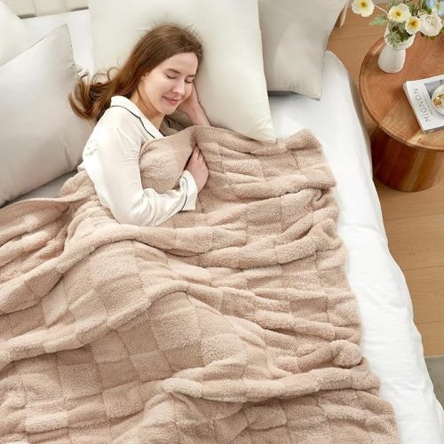 Snuggle Sac Checkered Throw Blanket Solid Beige