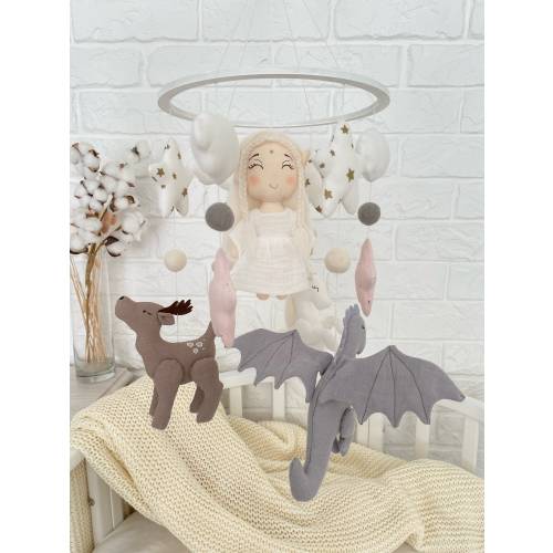 Elf Girl Baby Mobile, Dragon Nursery Mobile, Deer, White Steed, LOTR Fun Baby Shower Gift, Fantasy Crib Nursery Decor, Cloud, Star, Lord of
