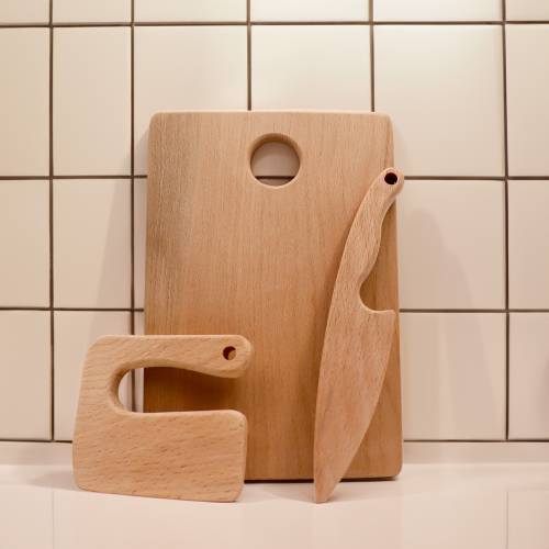 Wooden Cutting Board and Safe Knives|Educational Wooden Play Kitchen Utensils|Wooden Toy ChoppingTools for Kid|Montessori Play Kitchen Tools