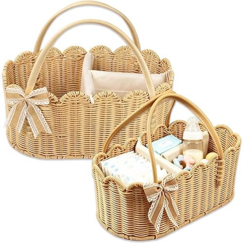 2pcs Rattella Premium Scalloped Rattan Baby Diaper Caddy Organizer 16.14*10*7.2/13.9*8*6in Handwoven Wicker Nursery Storage Basket with Removable Divider & Gift Bow - Boho Baby Registry (Khaki 2)