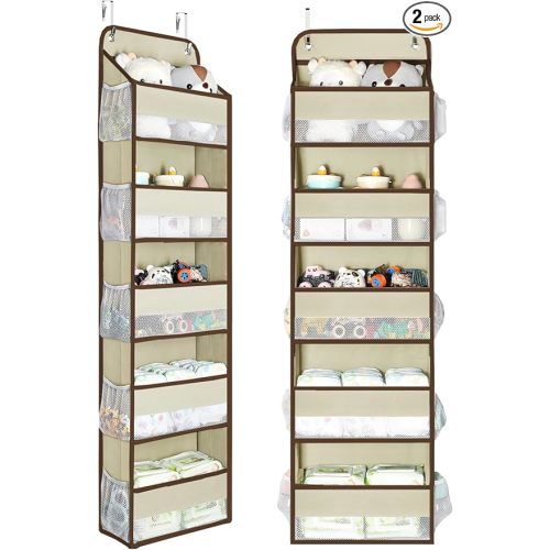 Yecaye 2 Pc Over the Door Organizer with 5 Bins 10 Side Pockets, 44lbs Load Hanging Bathroom and Bedroom Organizer, behind the Door Hanging Organizers for Nursery Newborn Baby Essential Stuff Beige