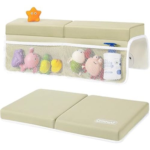URMYWO Bath Kneeler and Elbow Rest Pad Set - 1.5" Thick Baby Bath Kneeler Pads with Toys Organizer, Anti-Slip Cozy Knee & Arm Support Bathtub Mat, Quick Dry Kneeling Pad for Baby Bath Time