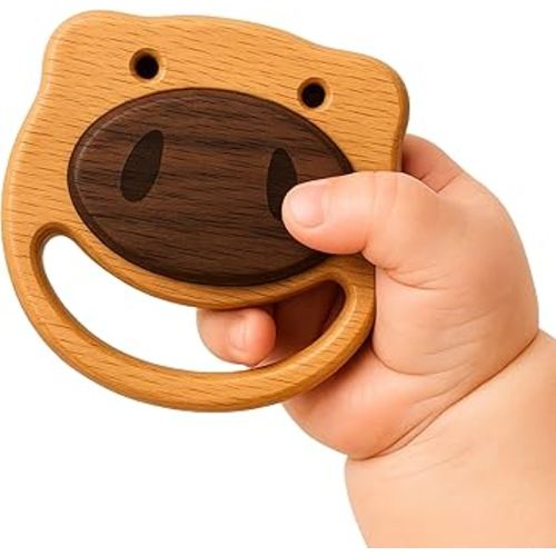 HippoToys Wooden Baby Rattle for 0 to 12 Months | No Paint, No Plastic, No Toxins | Montessori Inspired Natural Baby Toy | Calm Muted Sound | 100 Percent Natural Beechwood | Ideal for Baby Gifting