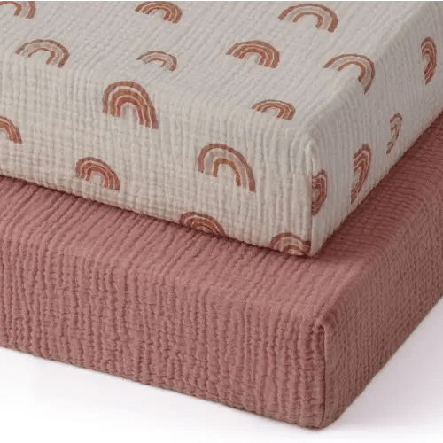 Blissful Diary Muslin Mini Crib Sheets, Pack and Play Mattress Sheets Fitted for Pack N Play, Soft Cotton for Boys Girls, 2 Pack(Dusty Pink&Rainbow)
