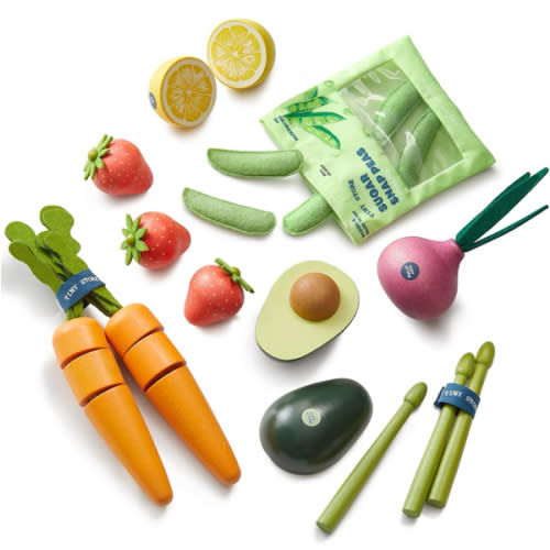 Tiny Land Organic Wooden Vegetable & Fruit Play Set – 7PCS Pretend Food for Kids, Montessori Kitchen Toy for Toddlers, Role Play Grocery Gift