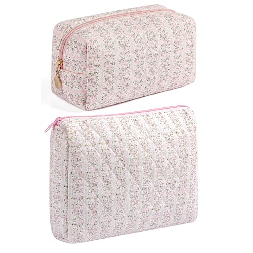 HHQQWZ Makeup Bag Travel Cosmetic Bag for Women Girls, Zipper Make Up Pouch, Floral Flowers Toiletry Organizer Makeup, Portable Storage Cosmetic Travel Cloth Bag (2 Pack (L+S)/Pink Floral)