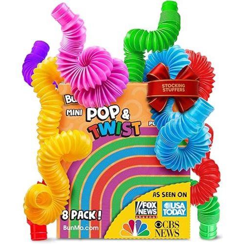BUNMO Stocking Stuffers for Kids - Pop Tubes - Sensory Toys - Toddler Toys - Imaginative Play & Stimulating Creative Learning - Stocking Stuffers for Toddlers - 8 Pack Small