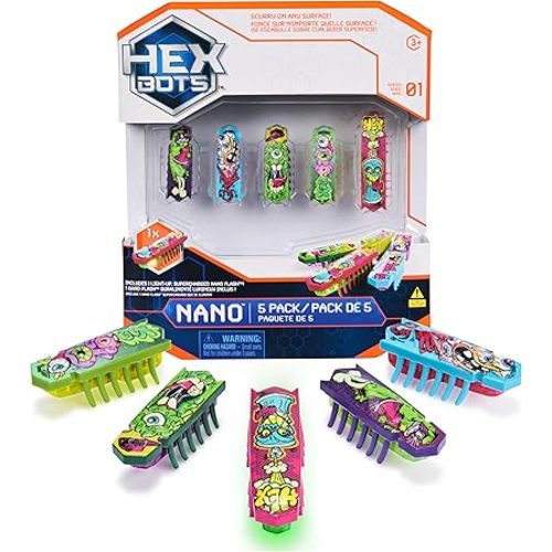 HEX BOTS Nano 5 Pack, 4 Mini Bots with Bonus Flash Bot, Sensory Toy for Kids & Cats, Vibration Technology, Mini Robot Toy for Kids 3 & Up