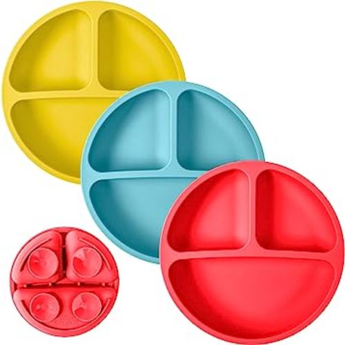 WeeSprout Suction Plates for Babies & Toddlers - 100% Silicone, Dinnerware Stays Put, Divided Design for Picky Eaters, Microwave & Dishwasher Friendly, 3 Pack