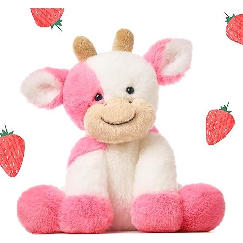 Hopearl Adorable Plush Cow Toy Floppy Dairy Cattle Soft Stuffed Animal Cute Birthday Gifts for Boys Girls Kids Toddlers, Strawberry Pink, 9''