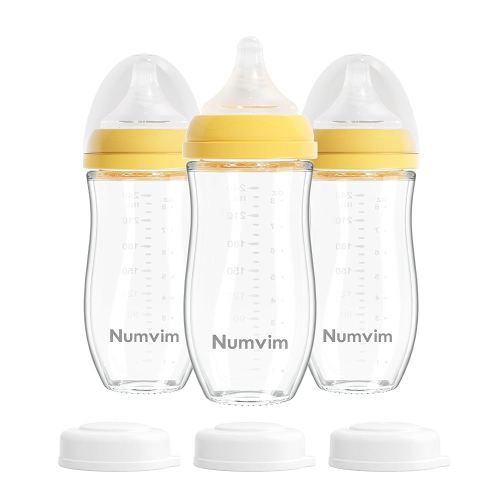 Natural Glass Baby Bottles for Breastfeeding Babies, Baby Essentials, Without Lead Body, Gentle Medium Flow, Wide Neck Bottle with Anti Colic Nipple for 3 Months Babies, 3 Packs (Yellow, 8oz)