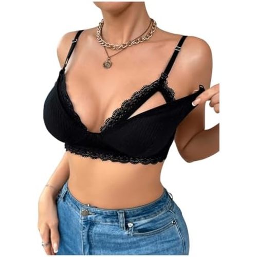 SOLY HUX Women's Lace Trim Nursing Bra Deep V Neck Strappy Breastfeeding Maternity Bralettes