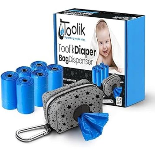 Toolik Diaper Bag Dispenser with 105 Disposable Unscented Waste Bags (7 Refill Rolls) for Baby and Toddler Poop or Dirty Clothes, Essential for Travel and Quick Change on The Go